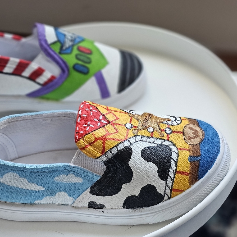 Disney Toy Story, Woody & Buzz hand painted kids shoe size 7/8